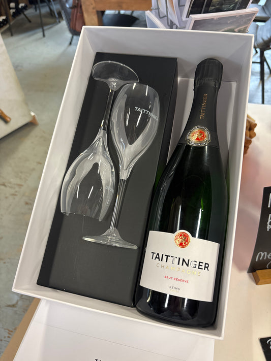 Taittinger Champagne in luxe geschenkdoos met twee glazen– Chardonnay/pinot noir/pinot meunier - Champagne